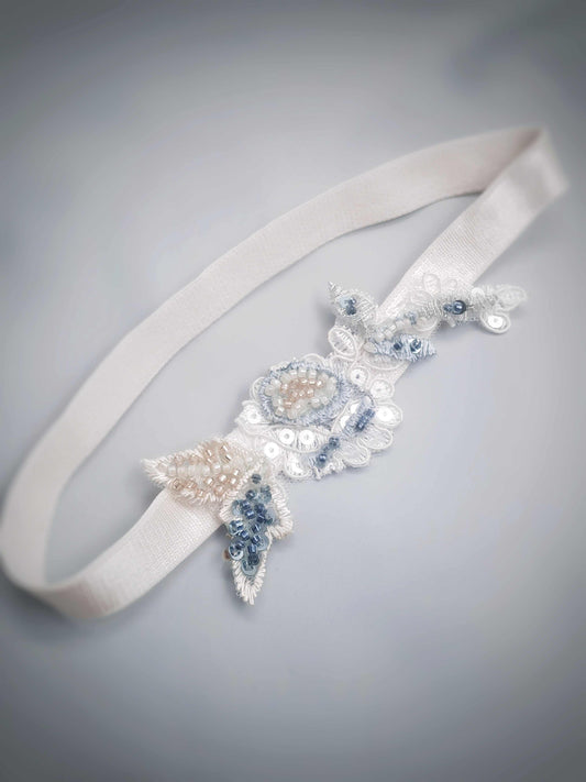 Aspen wedding garter hand beaded with sage, blue, and champagne beads for a custom bridal fit