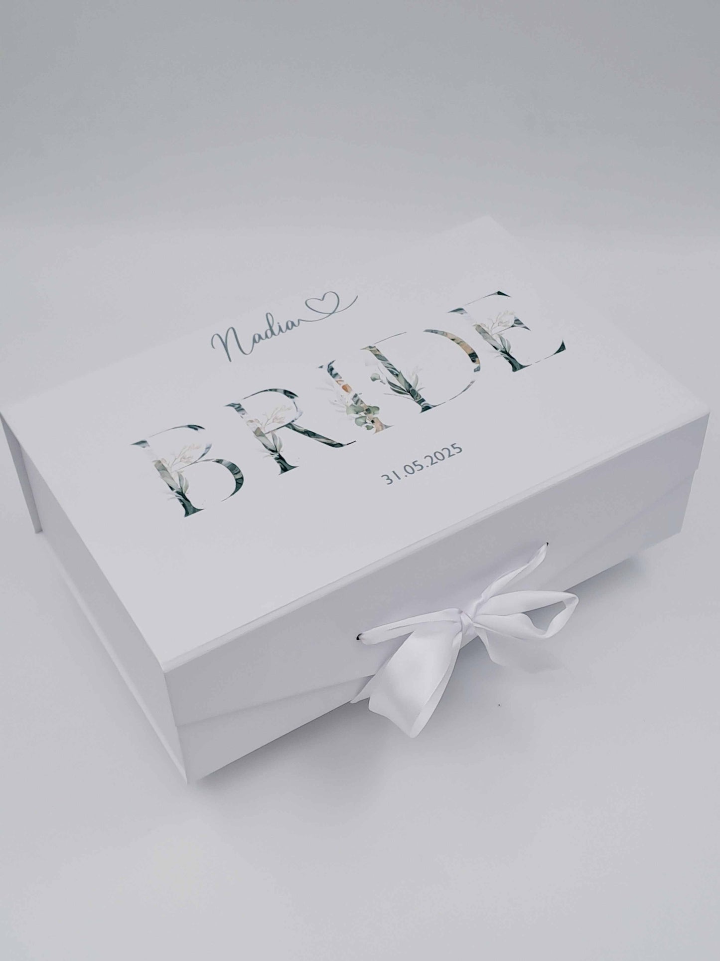 Personalised Bride Deluxe Gift Box with botanical floral alphabet design and bride's name and wedding date in large sage style