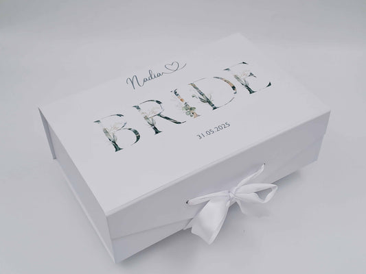 Personalised Bride Deluxe Gift Box with botanical floral design and custom name and wedding date on white box with white ribbon
