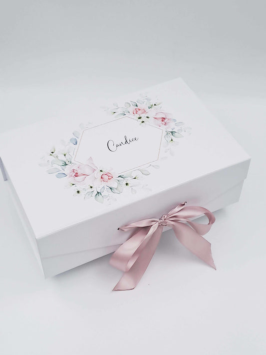 White gift box with floral design and pink ribbon on a white background