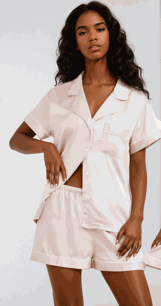 Woman wearing light blush pink silky satin short-sleeve pyjama set with button-up top and shorts