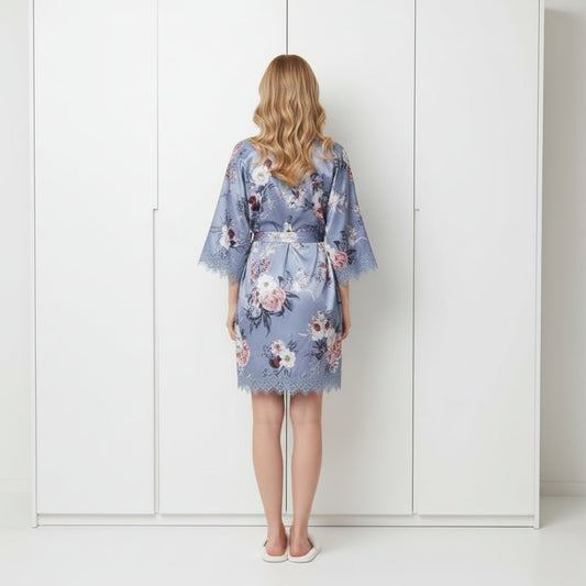Blue Grey Floral satin and lace robe for bridal party