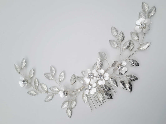 Silver Athena Hairvine bridal hair accessory with intricate leaf and flower details.