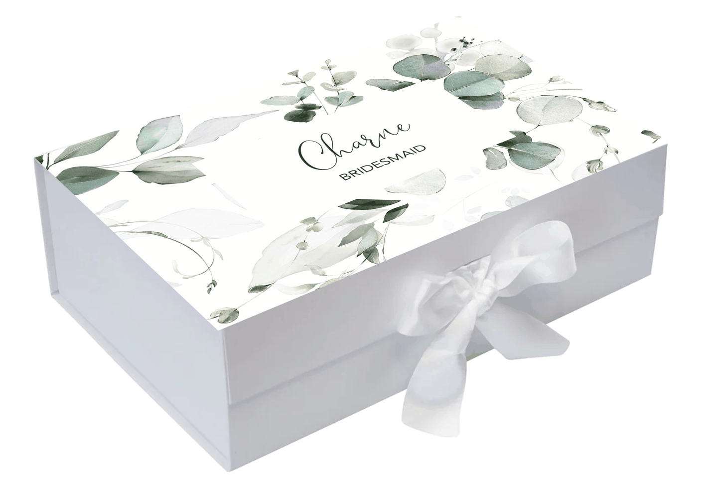 Large customised gift box with elegant white bow and personalised name and title on lid