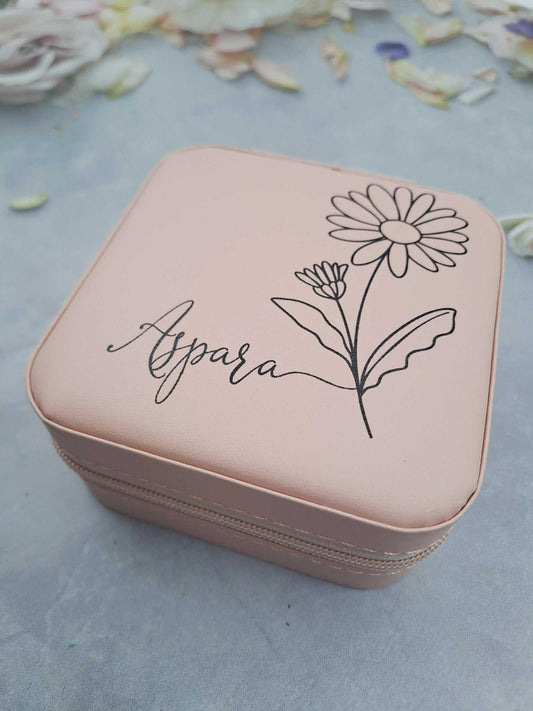 Personalised bridesmaid proposal jewellery box with birth flower design and name engraving in soft pink.