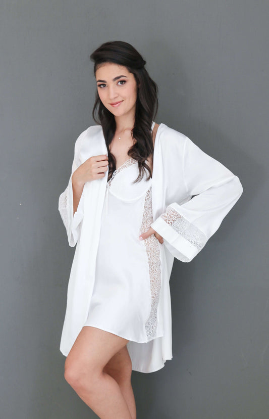 Bernie 2 Piece Bridal Robe Set featuring elegant satin robe and matching wedding nightgown with lace details for bridal comfort and style