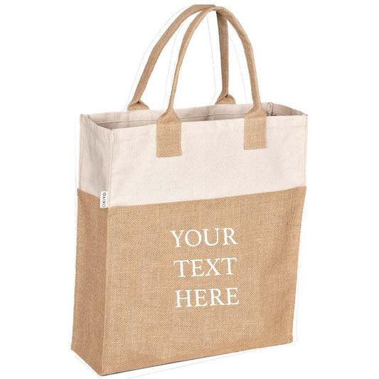 Personalised jute beach bag with customizable text, eco-friendly and spacious tote for beach or shopping.