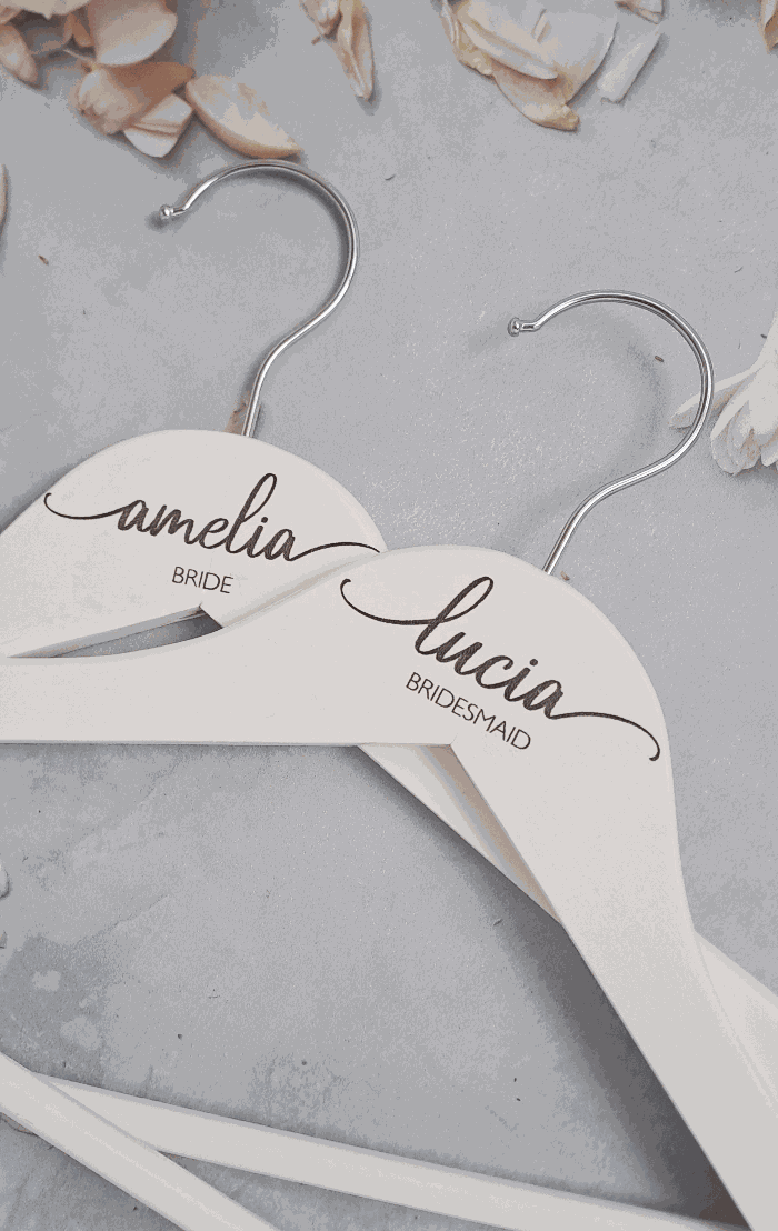 Personalised engraved wooden wedding hanger with custom text for bridal party