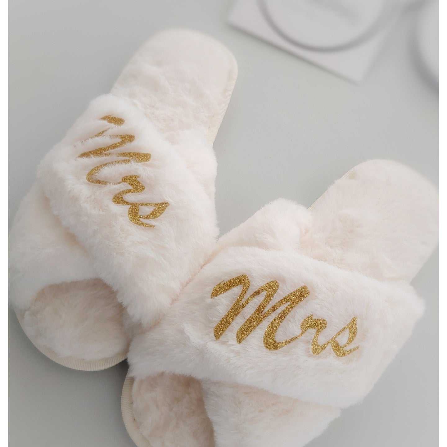Personalised fluffy slippers (criss-cross)- Beige slippers Smooches Bridal