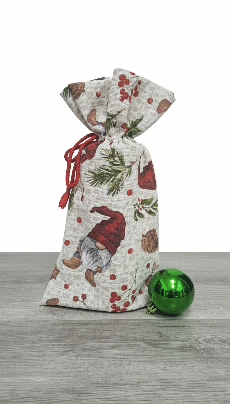 Decorative gift bag with Christmas design on a wooden surface with a green ornament.