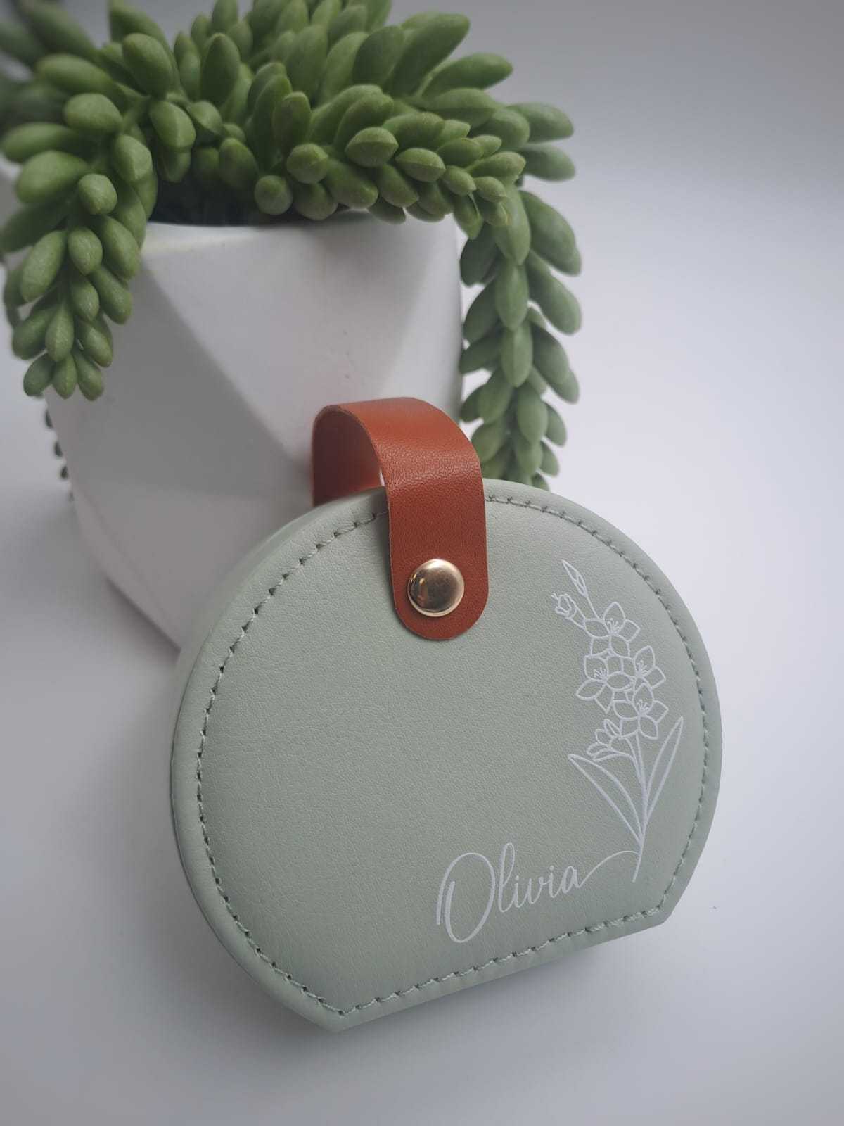 Personalised sage birth flower jewellery box with name and floral design