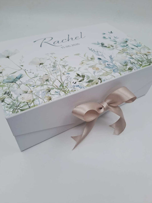 Gift box with floral design and ribbon on a white background
