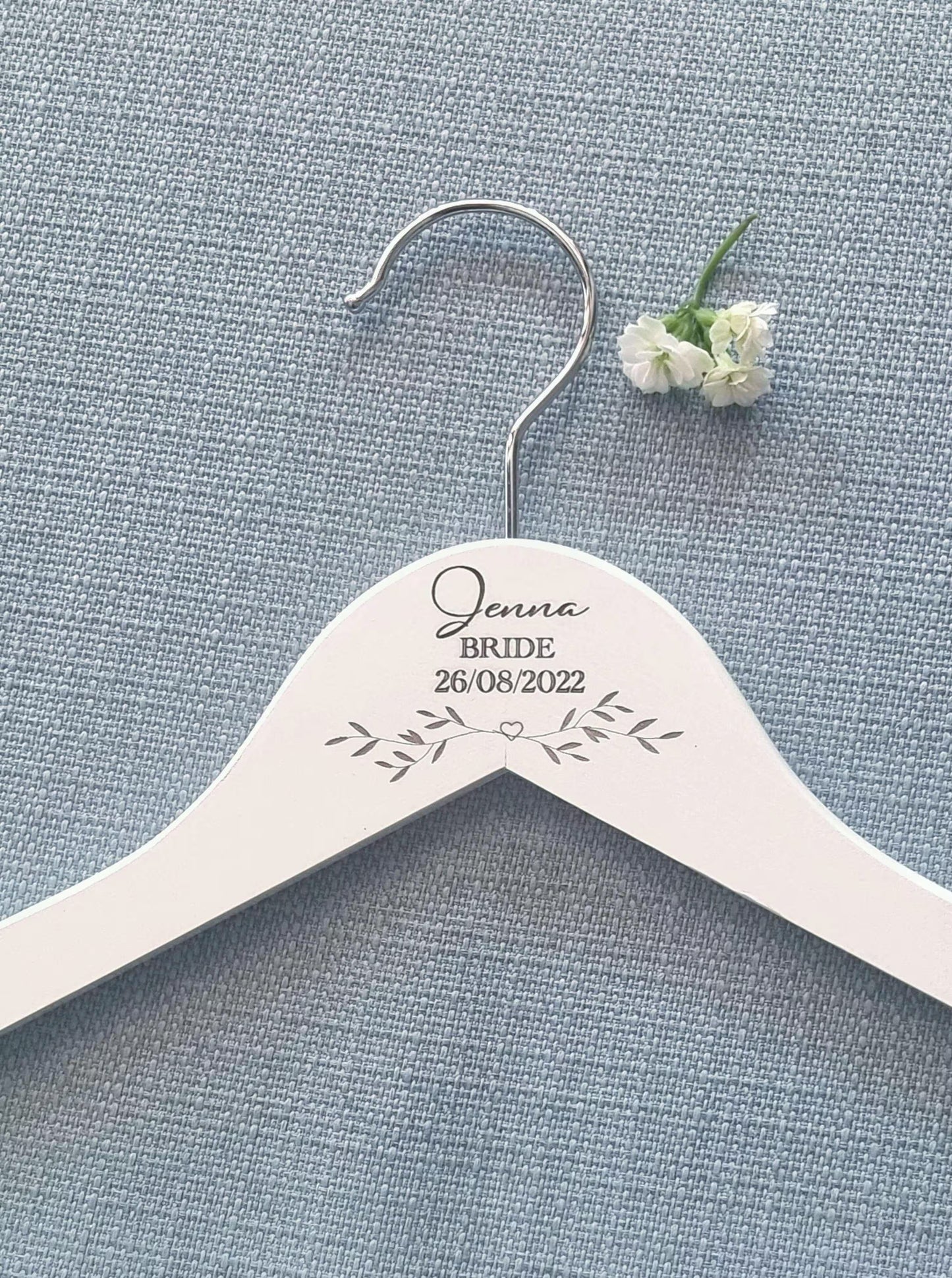White personalised engraved hanger with up to 3 lines of custom text for weddings and gifts