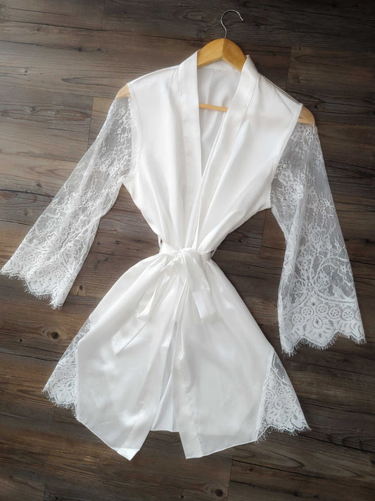Bridal satin robe with lace sleeve Robe, Dressing Gown Smooches Bridal