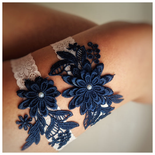 Navy blue floral lace wedding garter set
