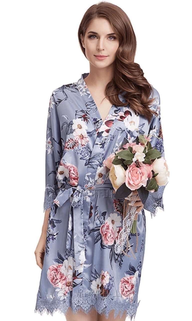 Blue Grey Floral Satin and lace Robe robes Smooches Bridal