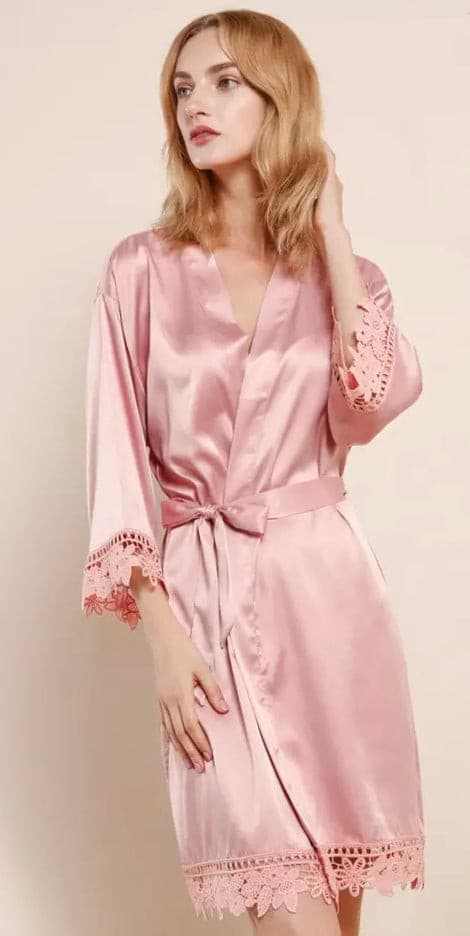 Blush Satin Robe with lace robes Smooches Bridal