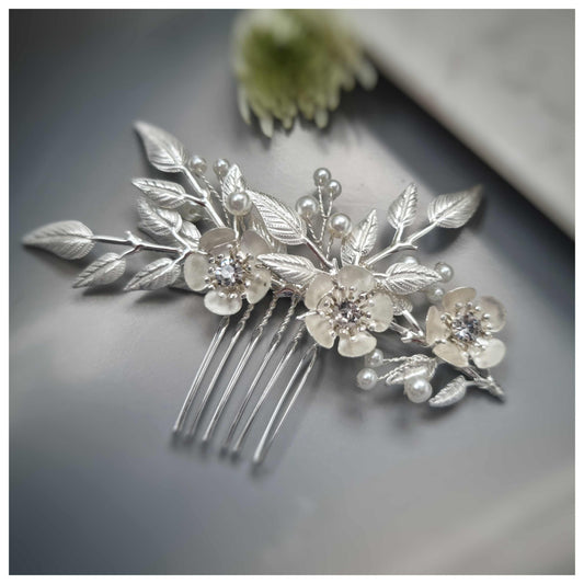 Handmade Dominic hair comb with silver leaves and pearl-accented flowers