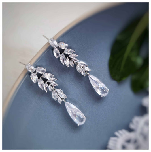 Zircon crystal drop bridal earrings with leaf design