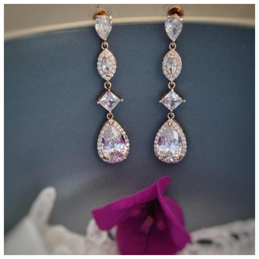 Elegant zircon crystal wedding earrings with sparkling teardrop and geometric design