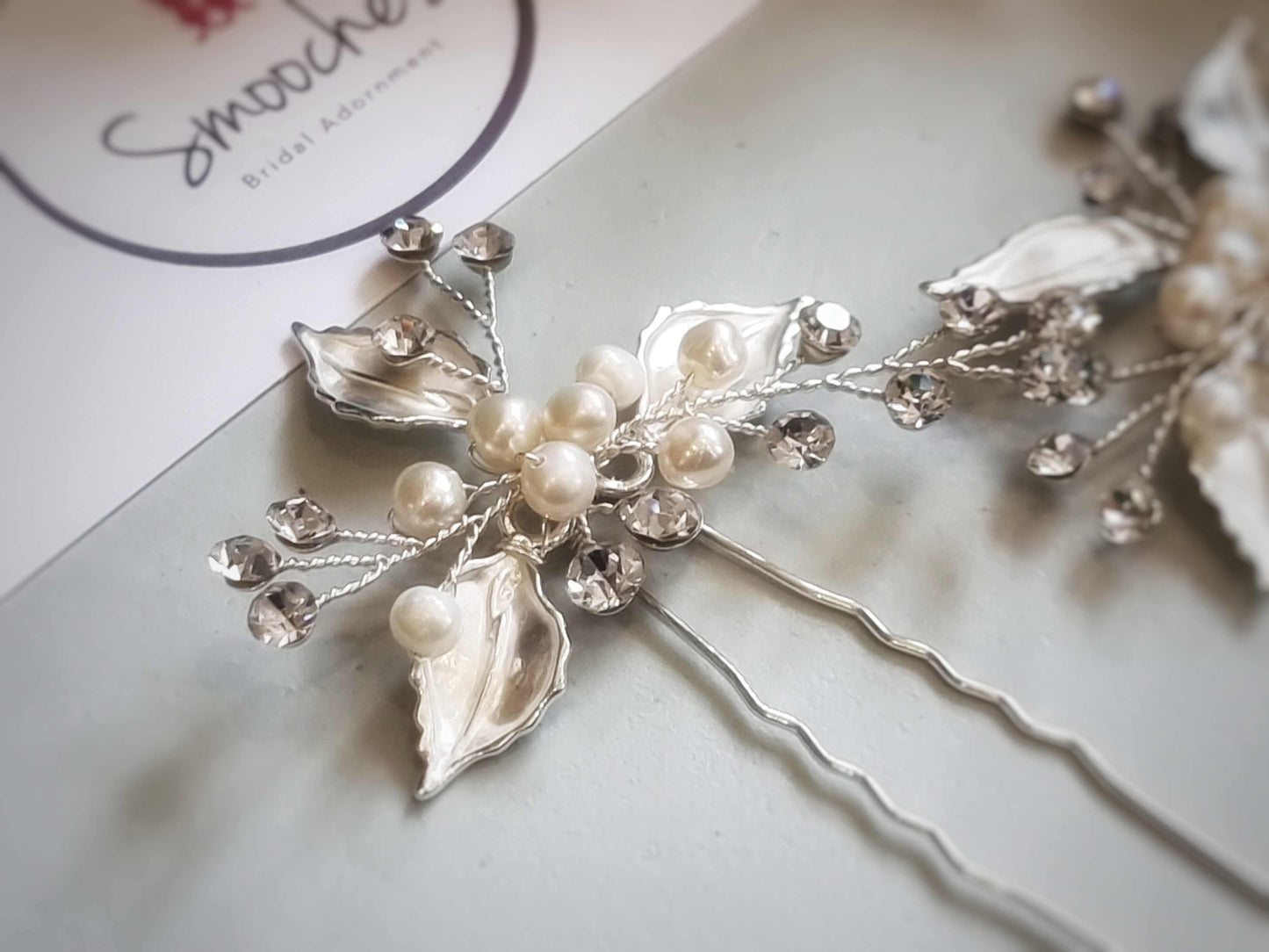 Silver Francesca hair pin set with pearls and crystal embellishments for bridal wear