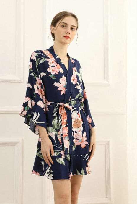 Navy Floral Cotton Robe Smooches Bridal