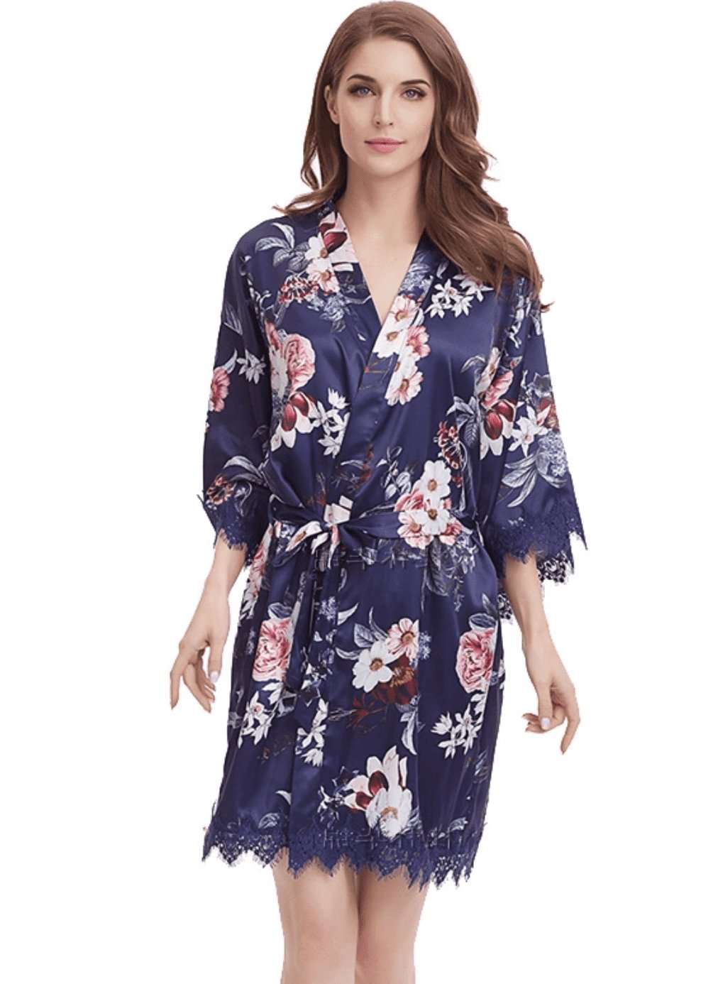 Woman wearing navy floral satin lace edge robe with belted waist