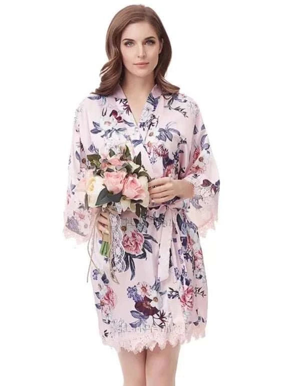 Pink Floral Satin Robe with lace trim – Smooches Bridal and Gifts