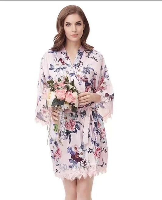 Pink Floral Satin Robe robes Smooches Bridal