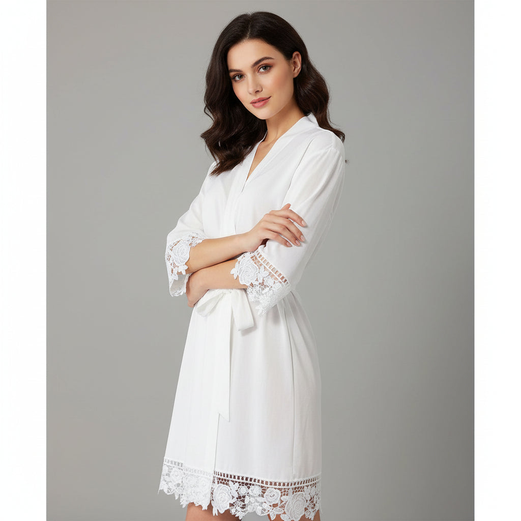 White cotton robe with rose lace edge, one size fits most