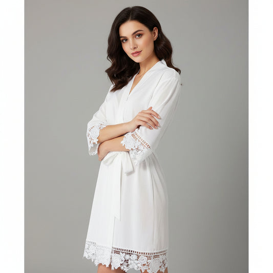 White cotton robe with rose lace