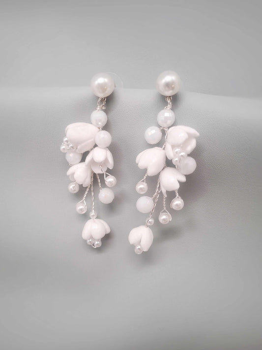 Beaulieu Bridal Earrings white floral drop earrings with pearls handcrafted in South Africa for weddings