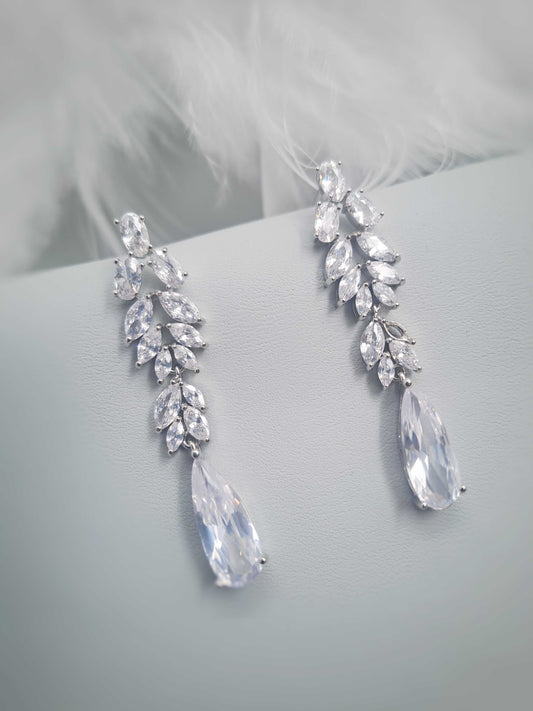 zircon crystal drop bridal earrings with leaf design