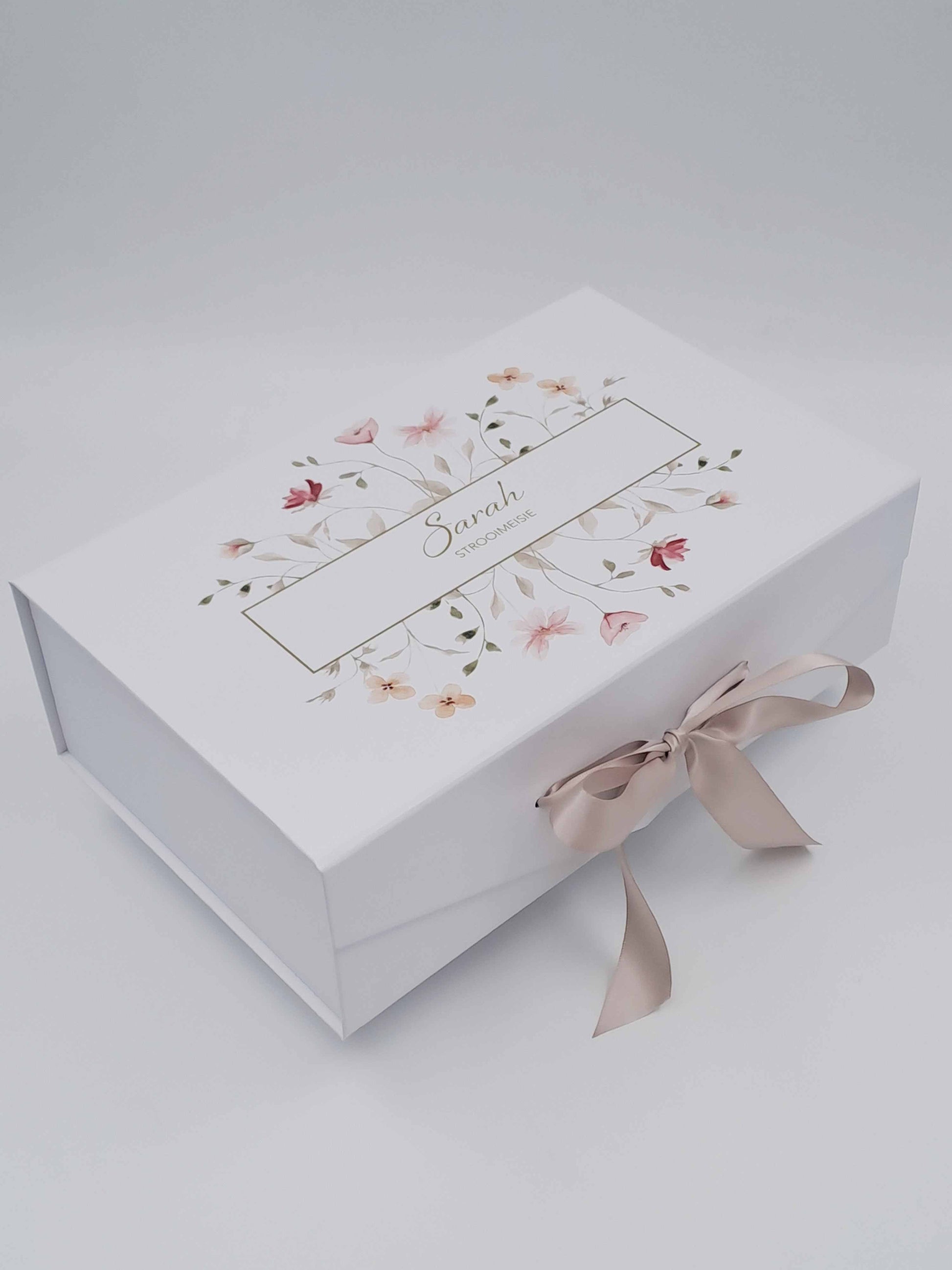 Personalised Deluxe Gift Box in Cinnamon Rouge and Champagne with floral frame and satin ribbon closure
