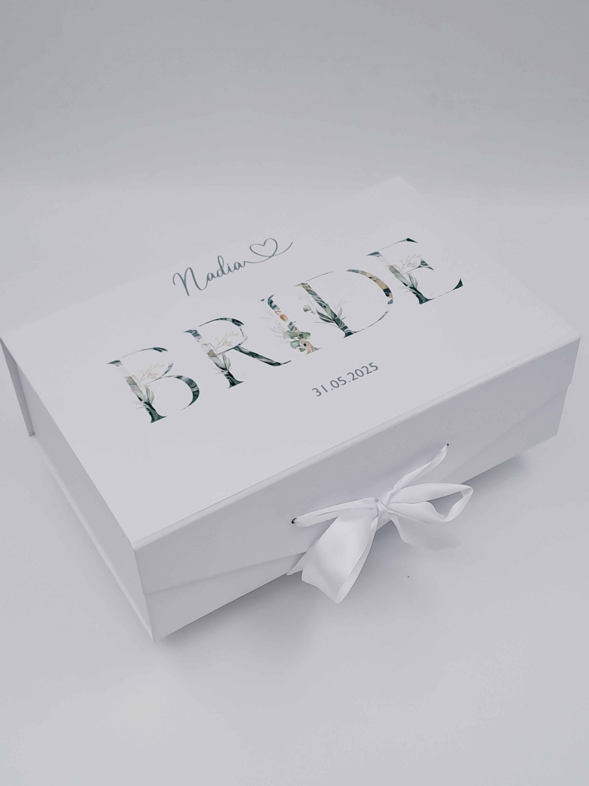 Personalised Bride Deluxe Gift Box with botanical floral alphabet design and bride's name and wedding date in large sage style
