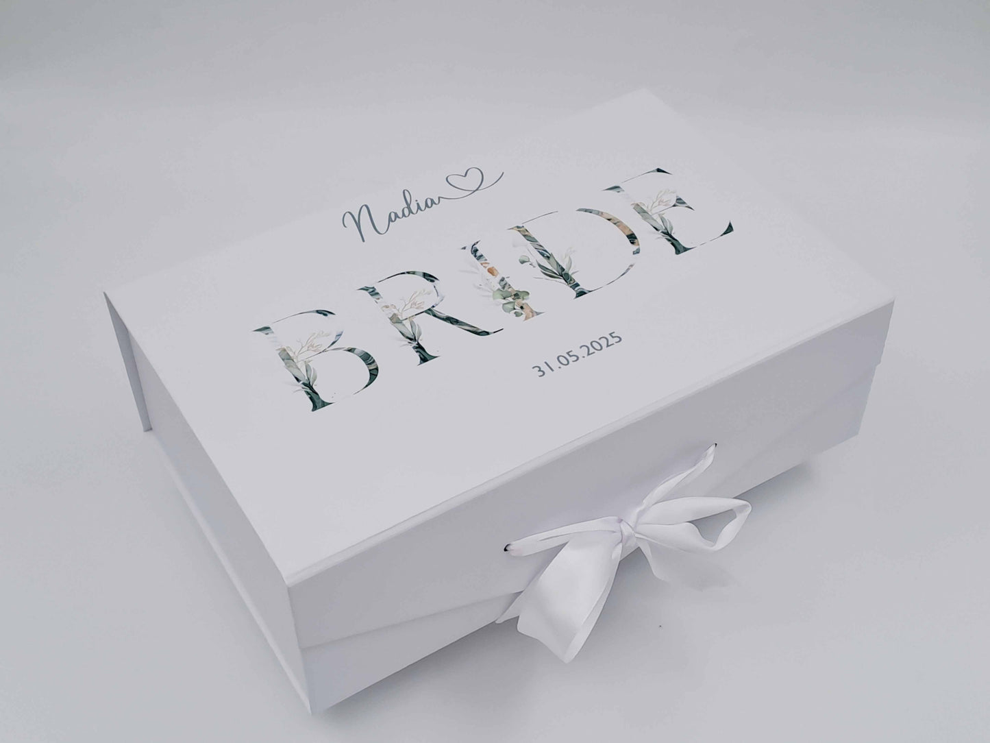 Personalised Bride Deluxe Gift Box with botanical floral design and custom name and wedding date on white box with white ribbon