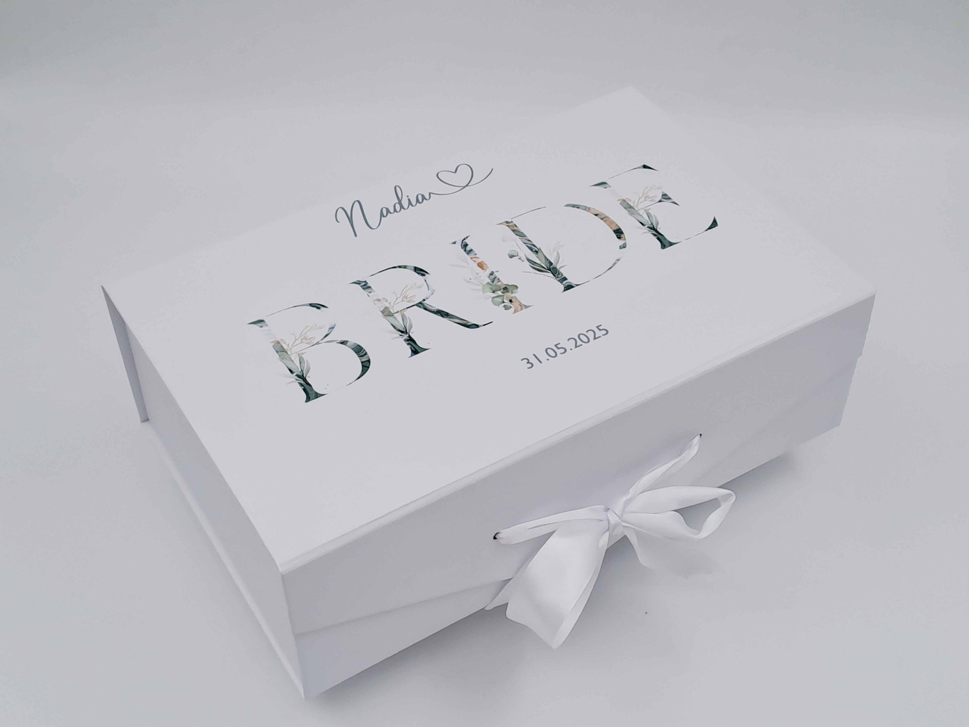 Personalised Bride Deluxe Gift Box with botanical floral design and custom name and wedding date on white box with white ribbon