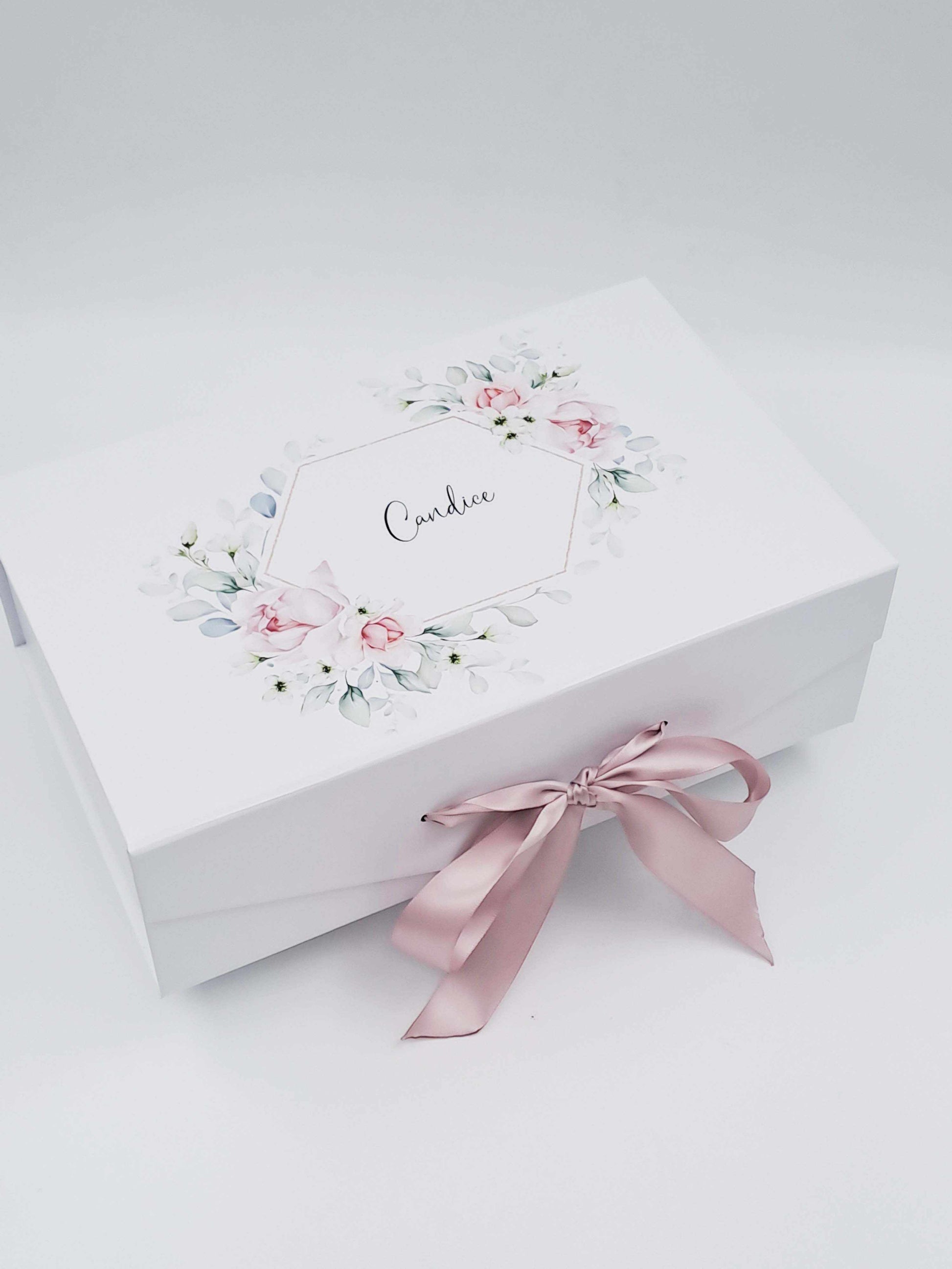 White gift box with floral design and pink ribbon on a white background