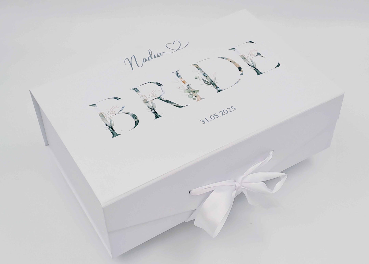 Personalised large white deluxe bride gift box with sage floral alphabet design and white ribbon bow closure