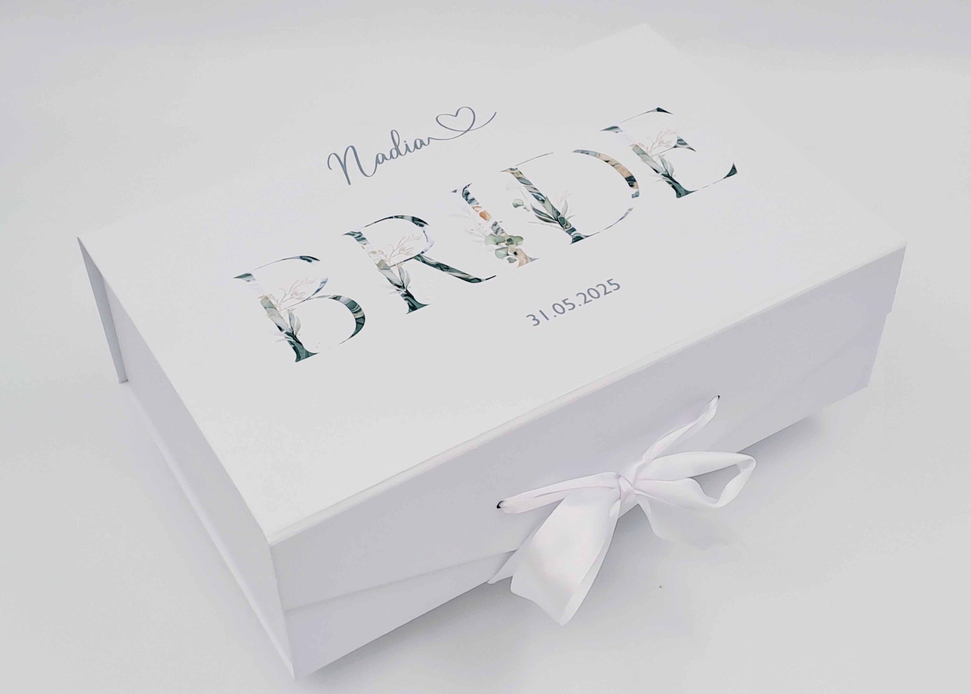 Personalised large white deluxe bride gift box with sage floral alphabet design and white ribbon bow closure