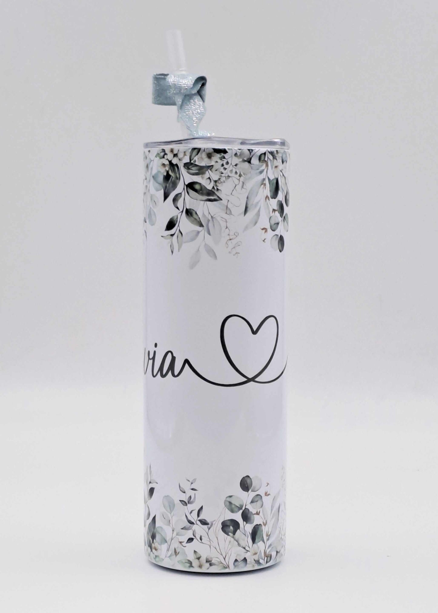 Personalised stainless steel skinny tumbler with floral design, heart graphic, and coordinating ribbon with straw