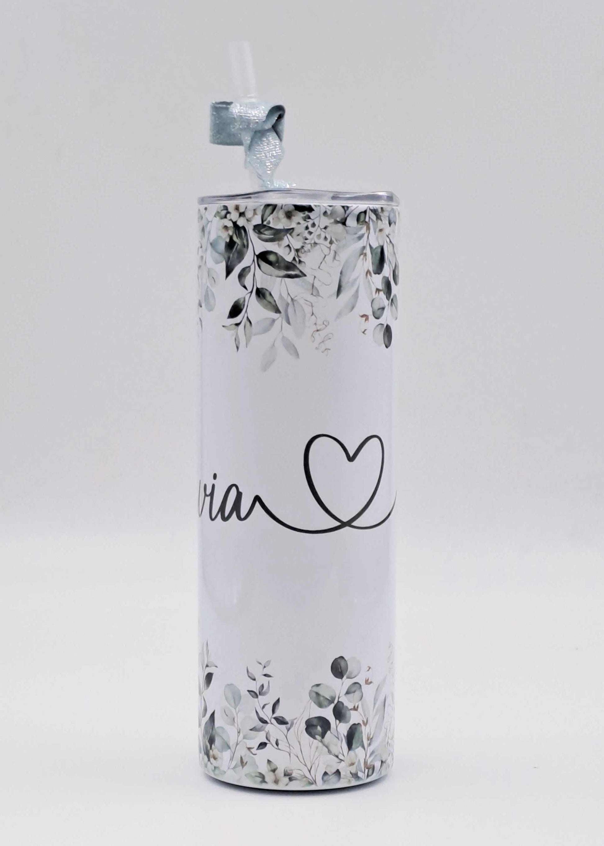 Personalised stainless steel skinny tumbler with floral design, heart graphic, and coordinating ribbon with straw