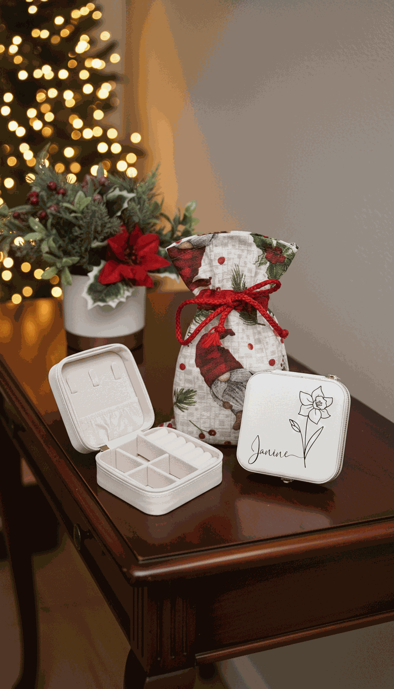 Decorative gift bag with red ribbon, jewelry box, and small white jewellery box on a wooden surface with a blurred Christmas tree in the background.