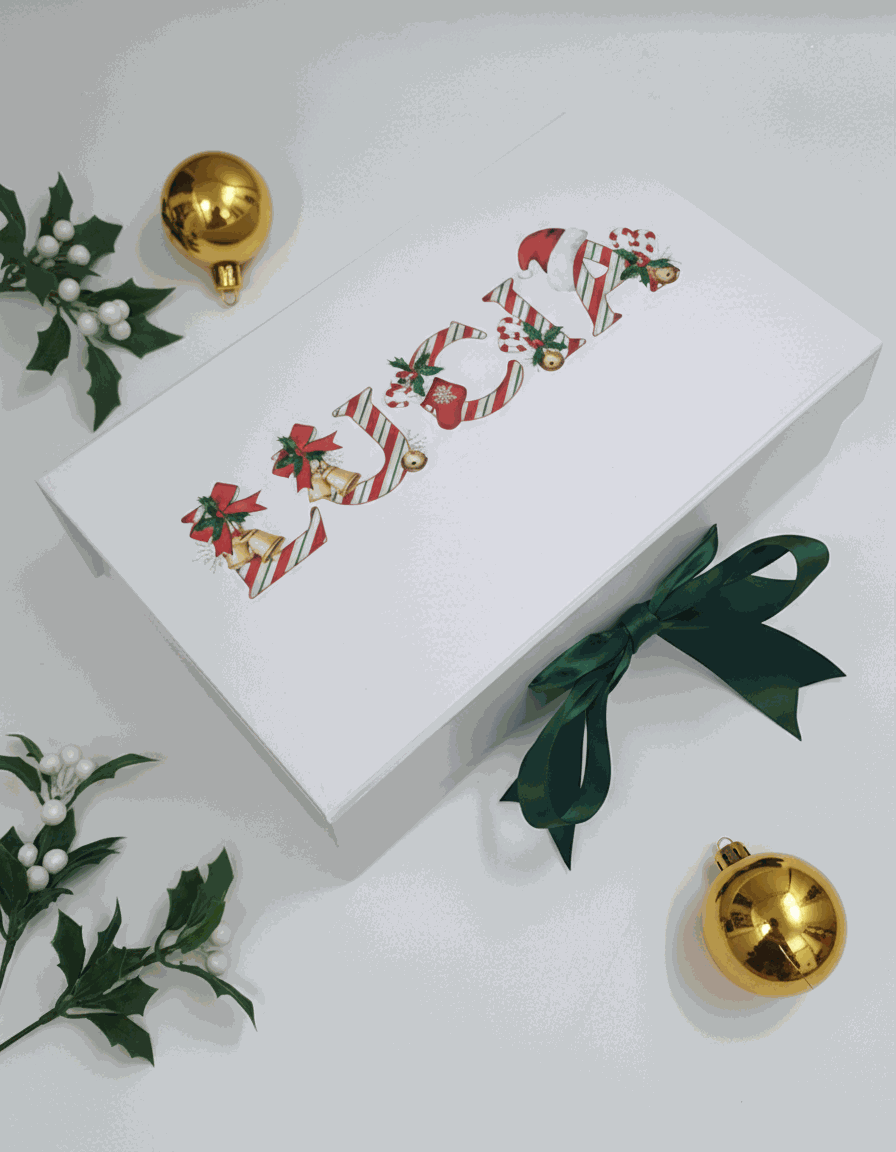 White personalised christmas gift box with festive design and green ribbon on a light gray background