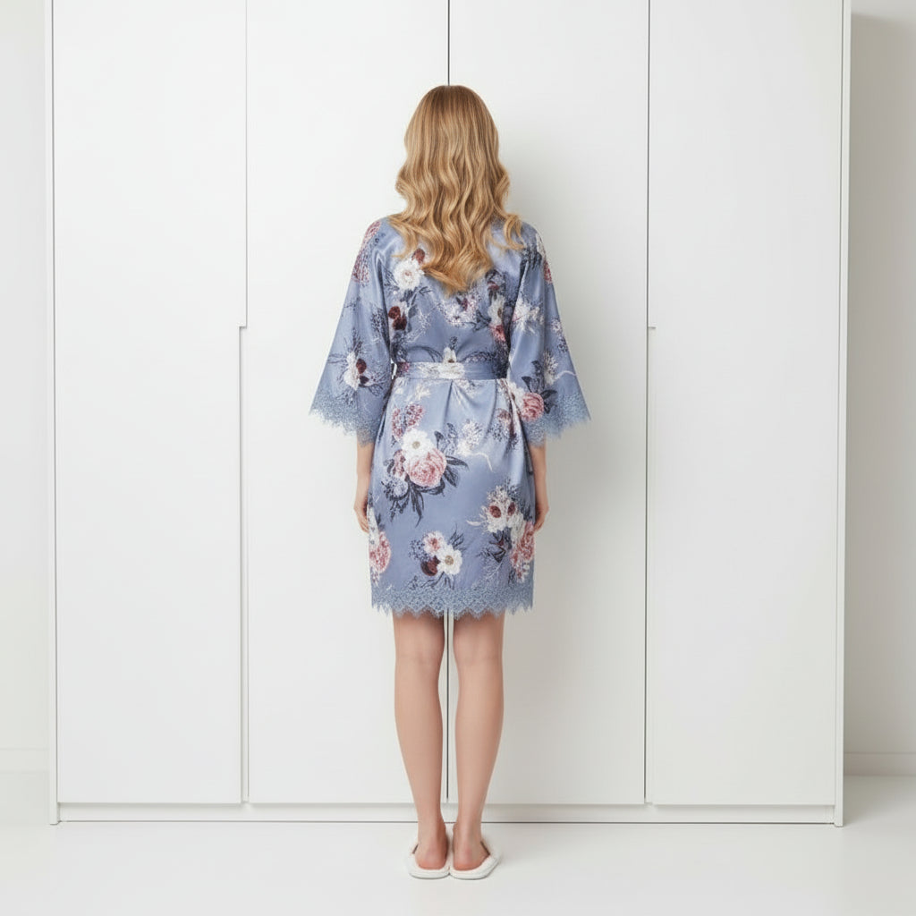 Blue Grey Floral satin and lace robe for bridal party