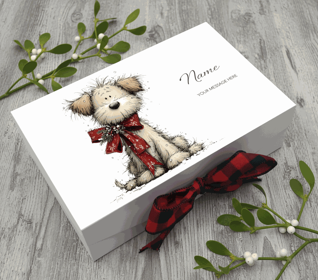 Card with a teddy bear illustration and red ribbon on a white background