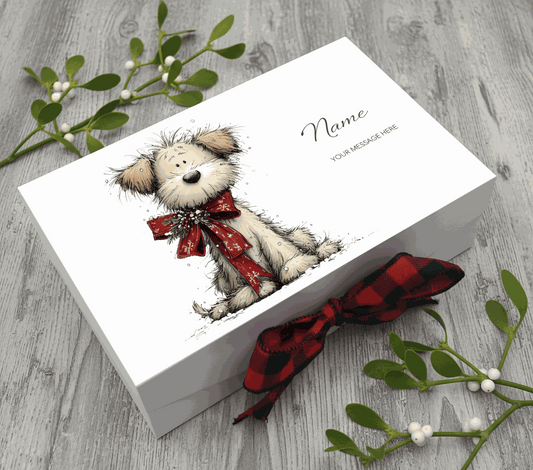 Card with a teddy bear illustration and red ribbon on a white background