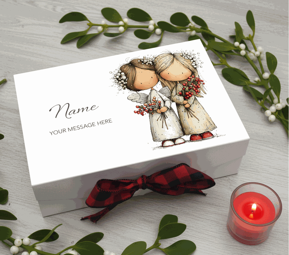 Personalised christmas box with two illustrated angels and a red plaid bow on a white background