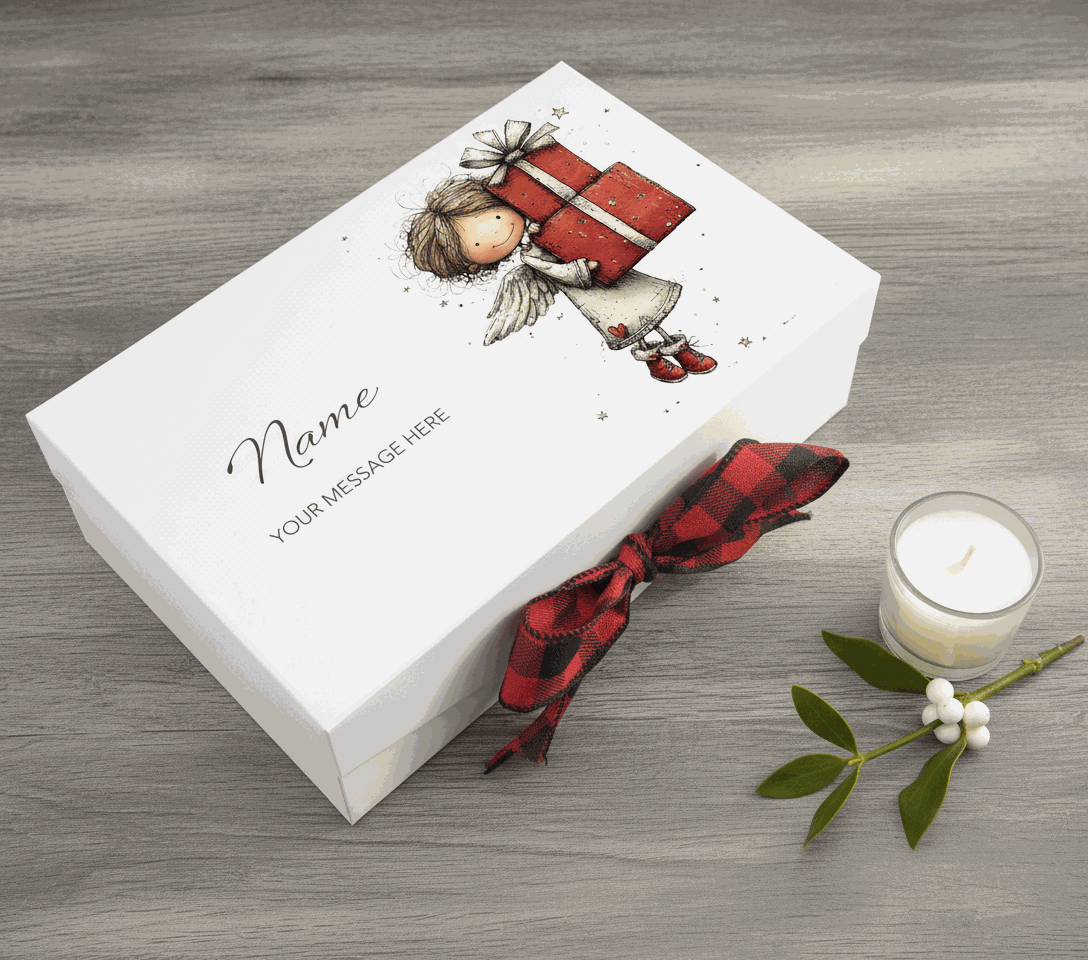 Personalised christmas box with a girl holding a present and a red plaid bow on a white background