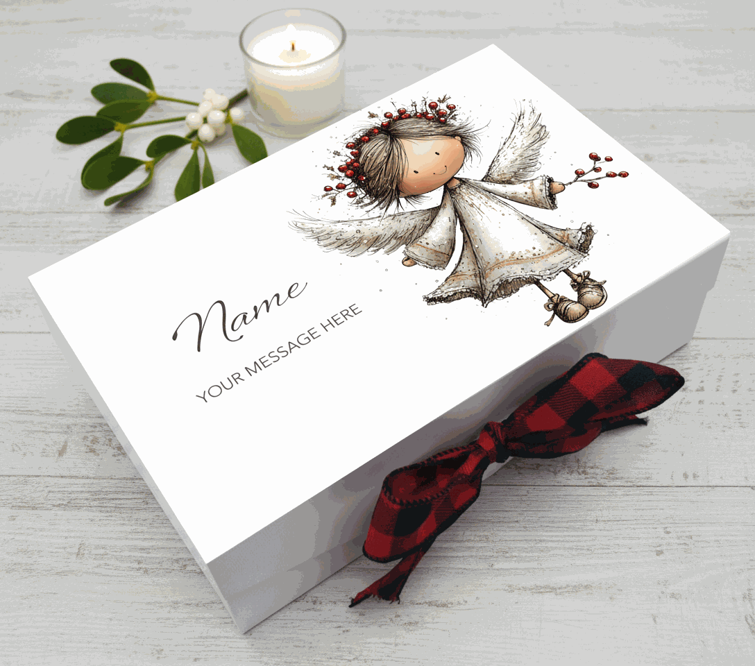 Personalised christmas box  with angel illustration and red plaid bow on a white background